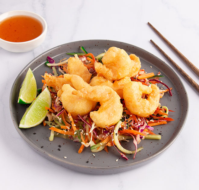 Crispy Tempura Prawns with Pickled Slaw & Ginger Miso Dressing