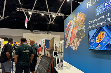 Raw seafood product display at Blue Wave Fine Food Sydney stand