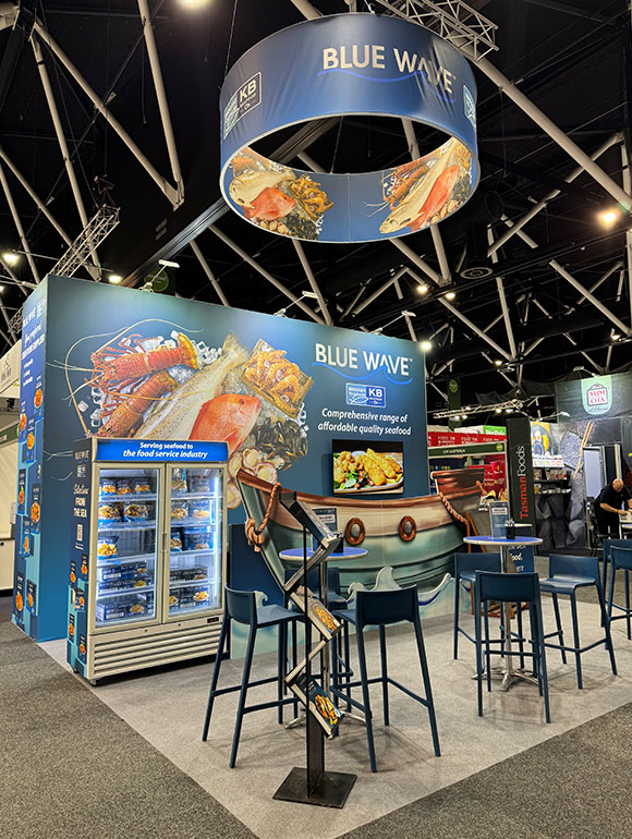 Raw seafood product display at Blue Wave Fine Food Sydney stand